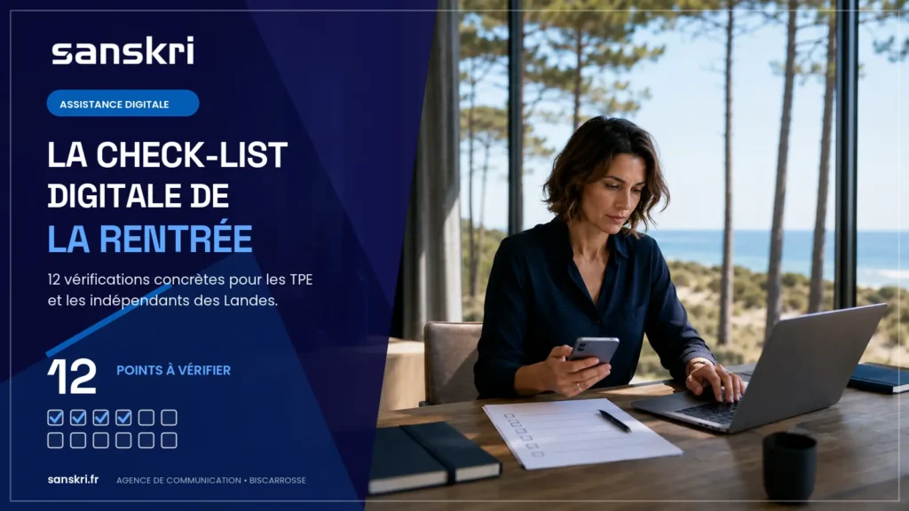 Dirigeante de TPE vérifiant sa check-list digitale de rentrée sur ordinateur et smartphone dans les Landes