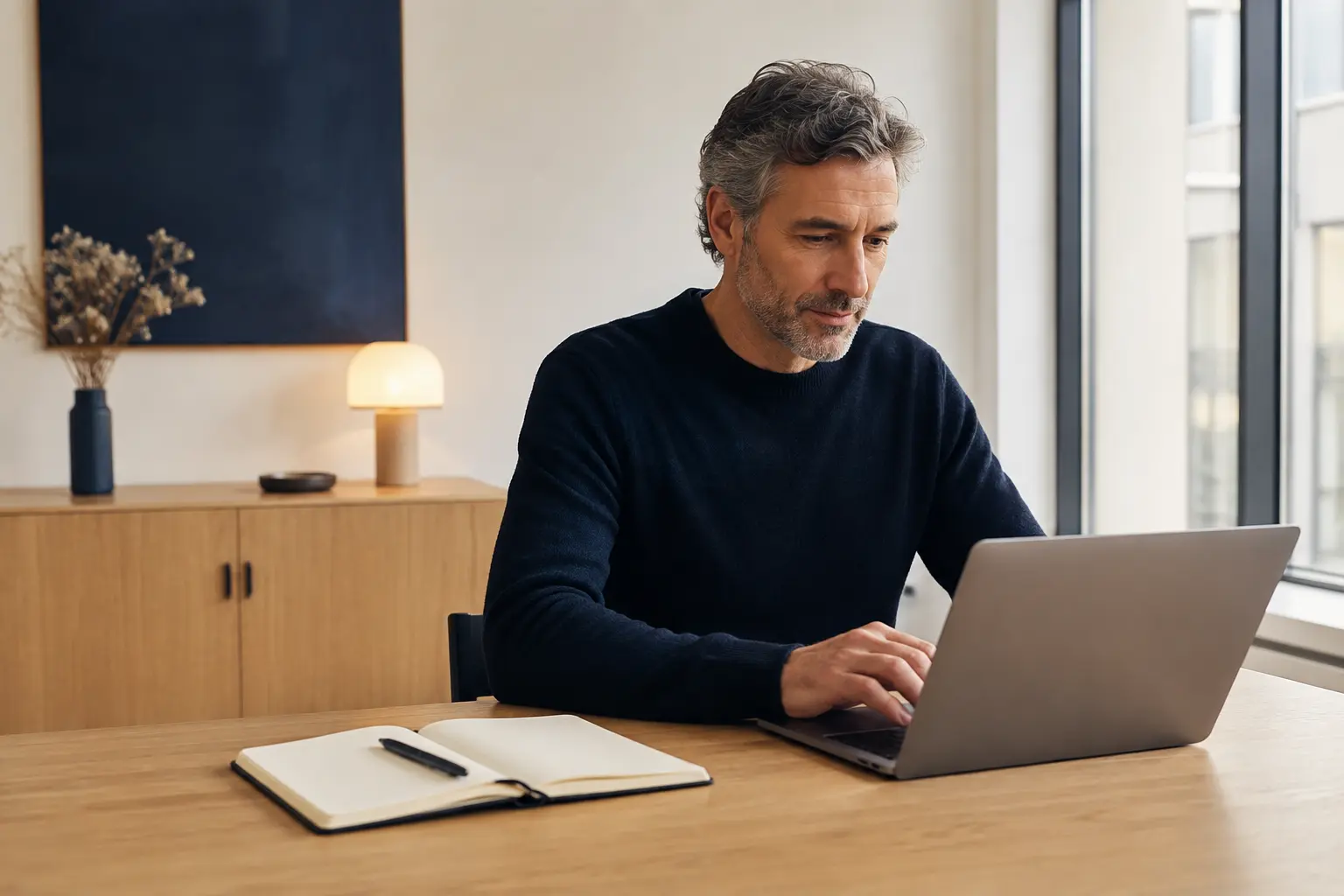 Un professionnel utilise ChatGPT à son bureau avec un carnet à portée de main